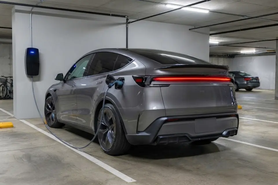 Coche eléctrico cargando en la plaza de un garaje comunitario